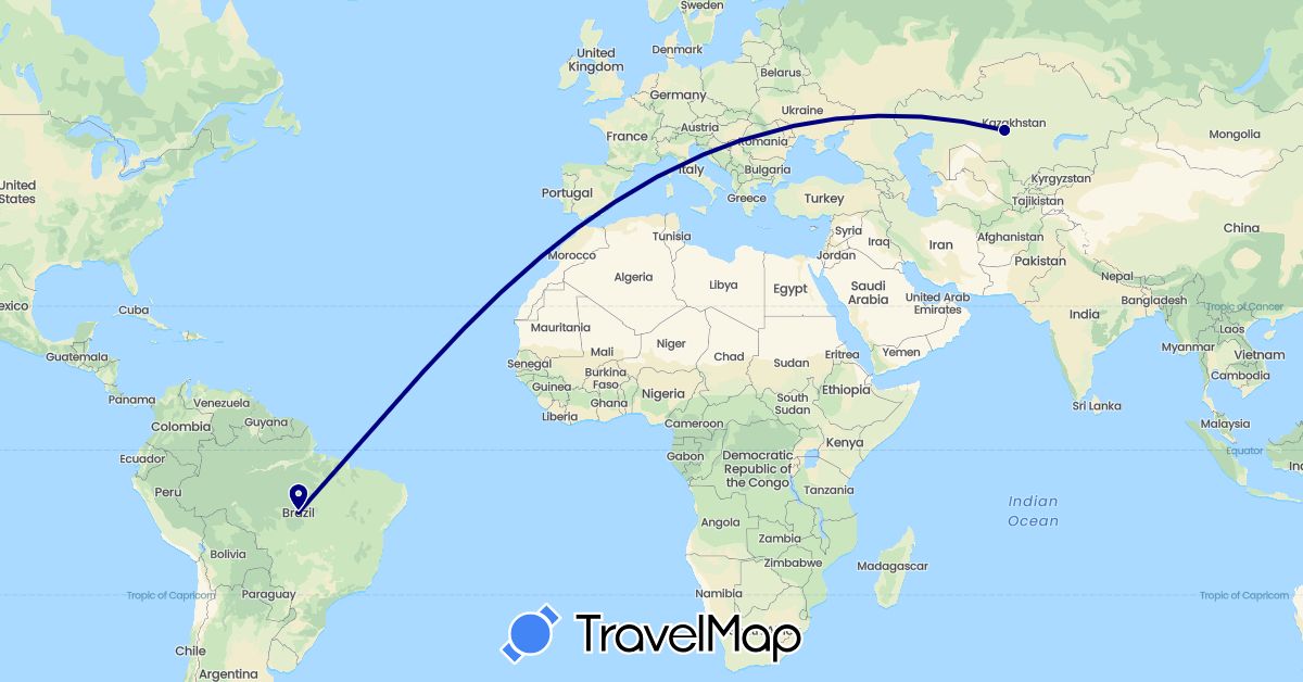TravelMap itinerary: driving in Brazil, Kazakhstan (Asia, South America)
